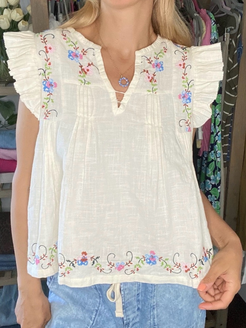 Jennifer Grace Ecru Embroidered ruffle  Sleeve Top size Xl bohemian floral